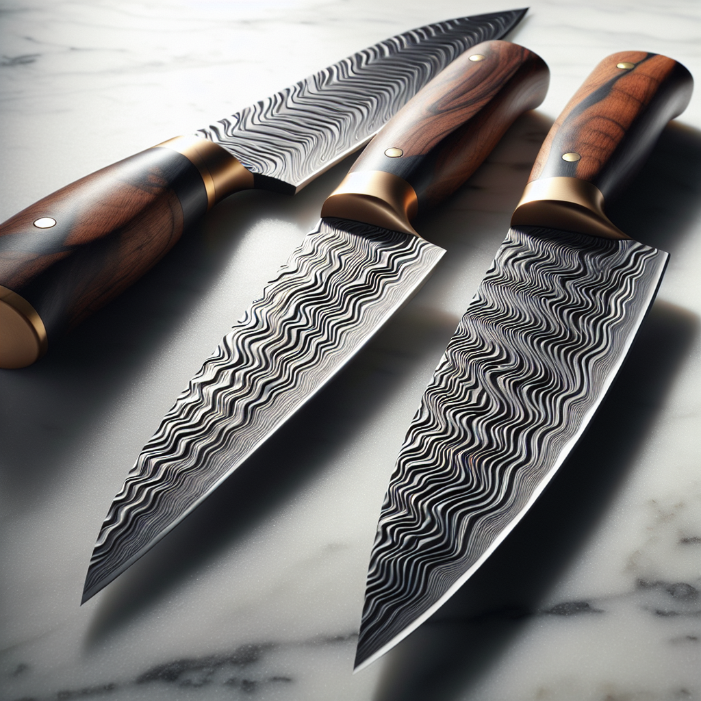 Close-up of damascus steak knives with distinctive wavy pattern on steel blade with walnut handle
