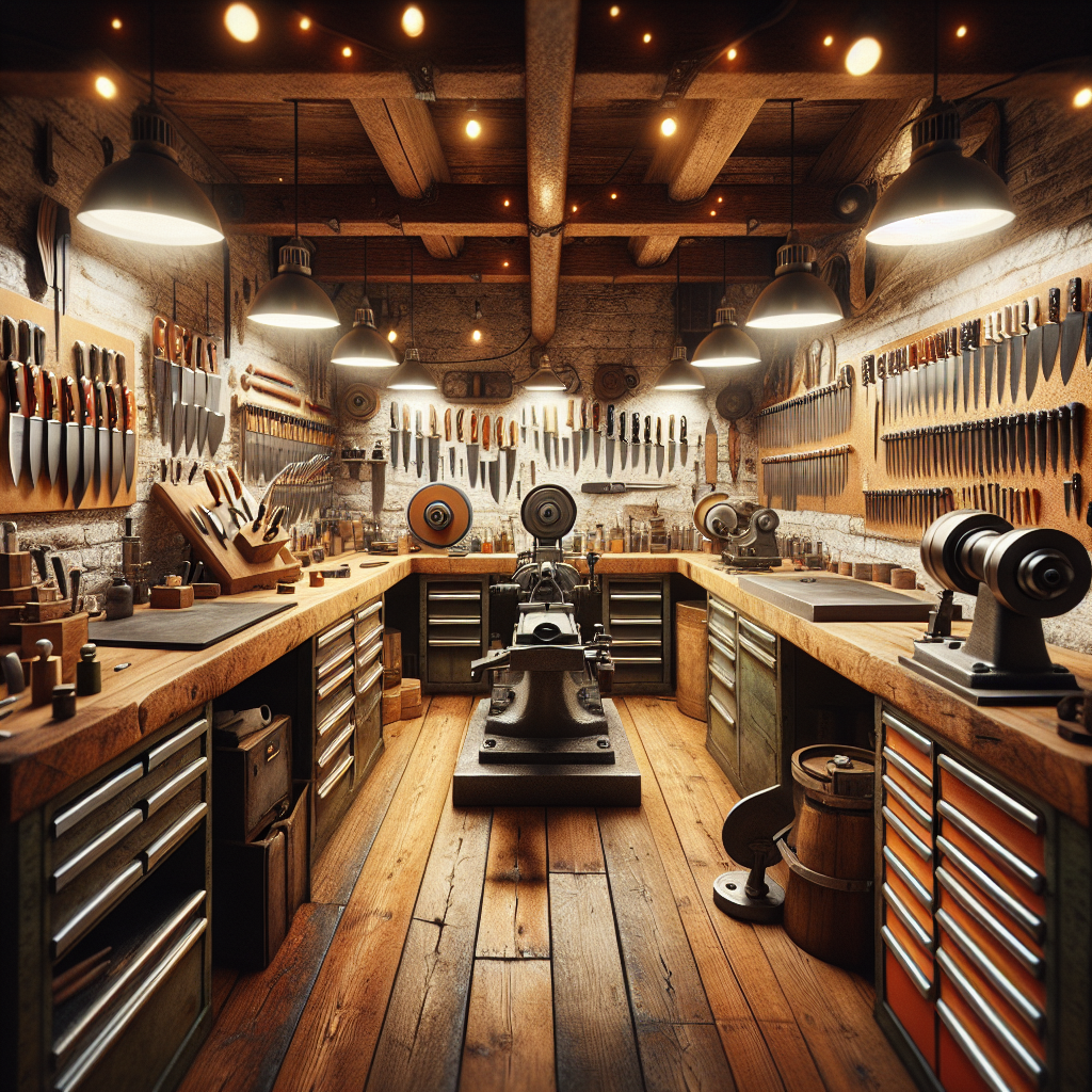 Professional knife-making workshop interior with grinding wheels and finished blades on display