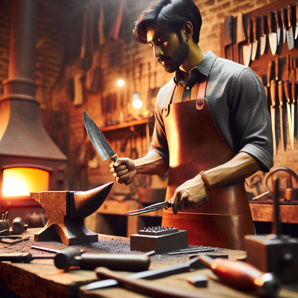 Artisan knife maker hand-forging a custom kitchen knife in workshop