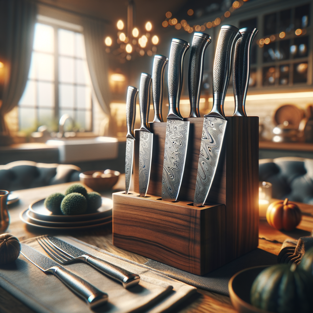 Premium steak knife set in wooden knife block showcasing quality craftsmanship
